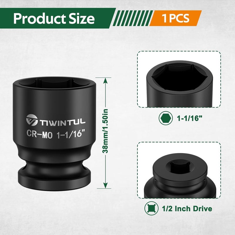 TIWINTUL 1-1/16" Impact Socket 1/2 Inch Drive, Heat-Treated Chromium-Molybdenum Steel Impact Socket, 6 Point Design, ANSI Standards, SAE, Axle Nut Socket for Automotive Truck and Machinery Maintenance - Image 2
